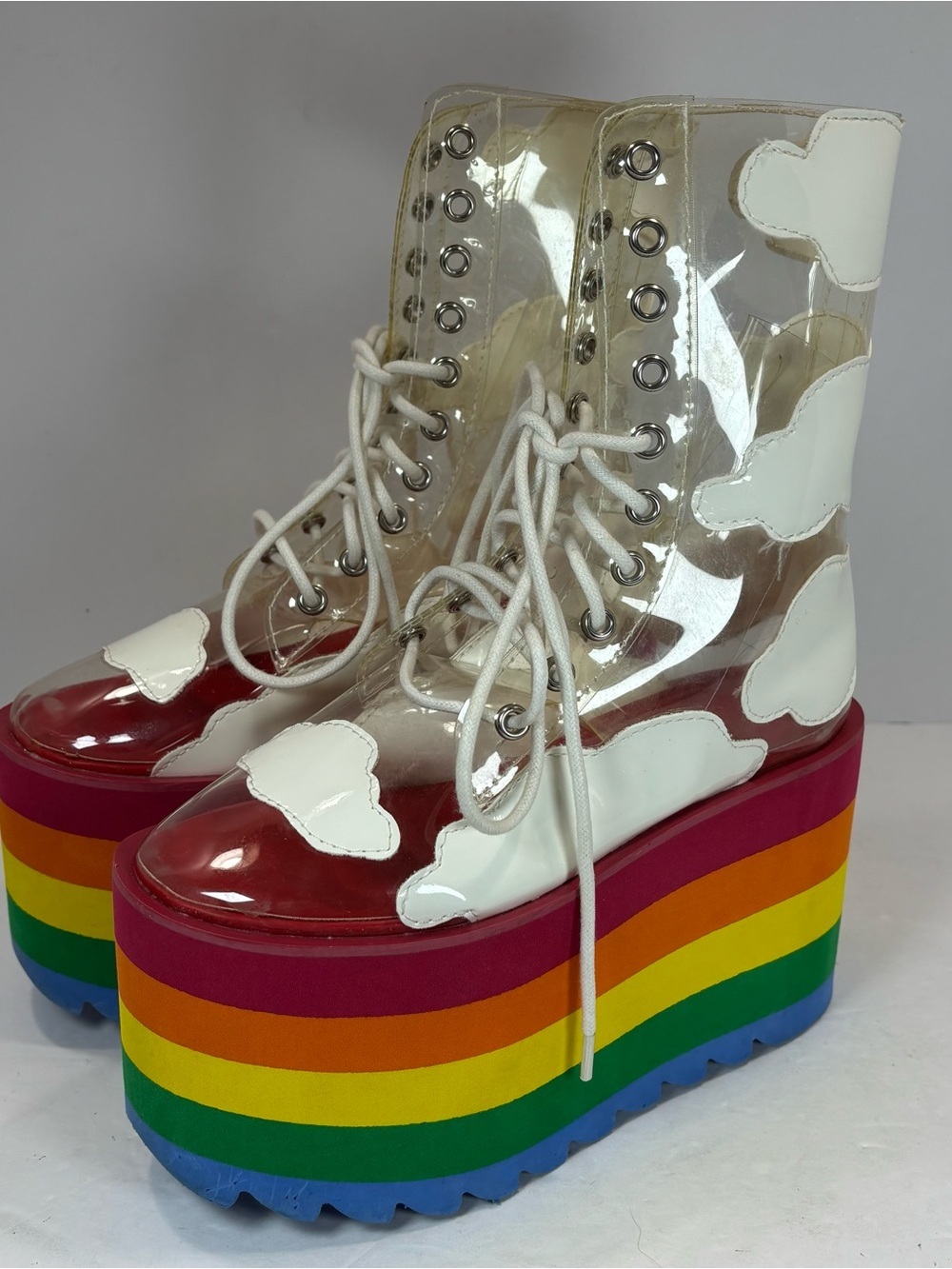 Dolls Kill Current Mood Happy Daze Rainbow Platform Clear Pride Boots Size 5